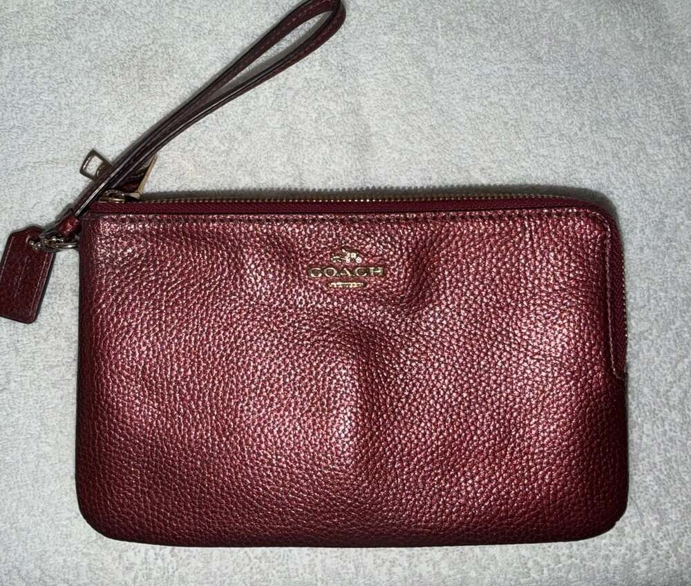 Coach Double Zip Wristlet Metallic Burgundy Leather